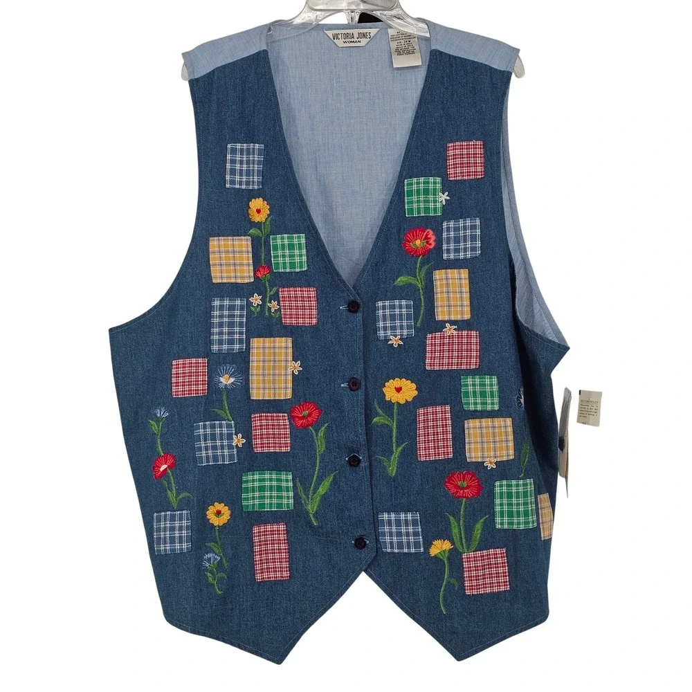 Vintage 90s Victoria Jones 24W Denim Vest Hand Embroidered Patchwork Floral NWT